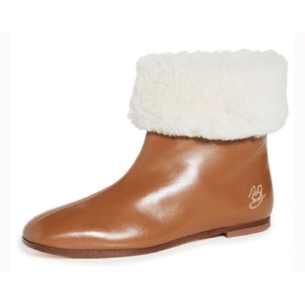 Mansur Gavriel Brown Ankle Boots with White Fur Cuff